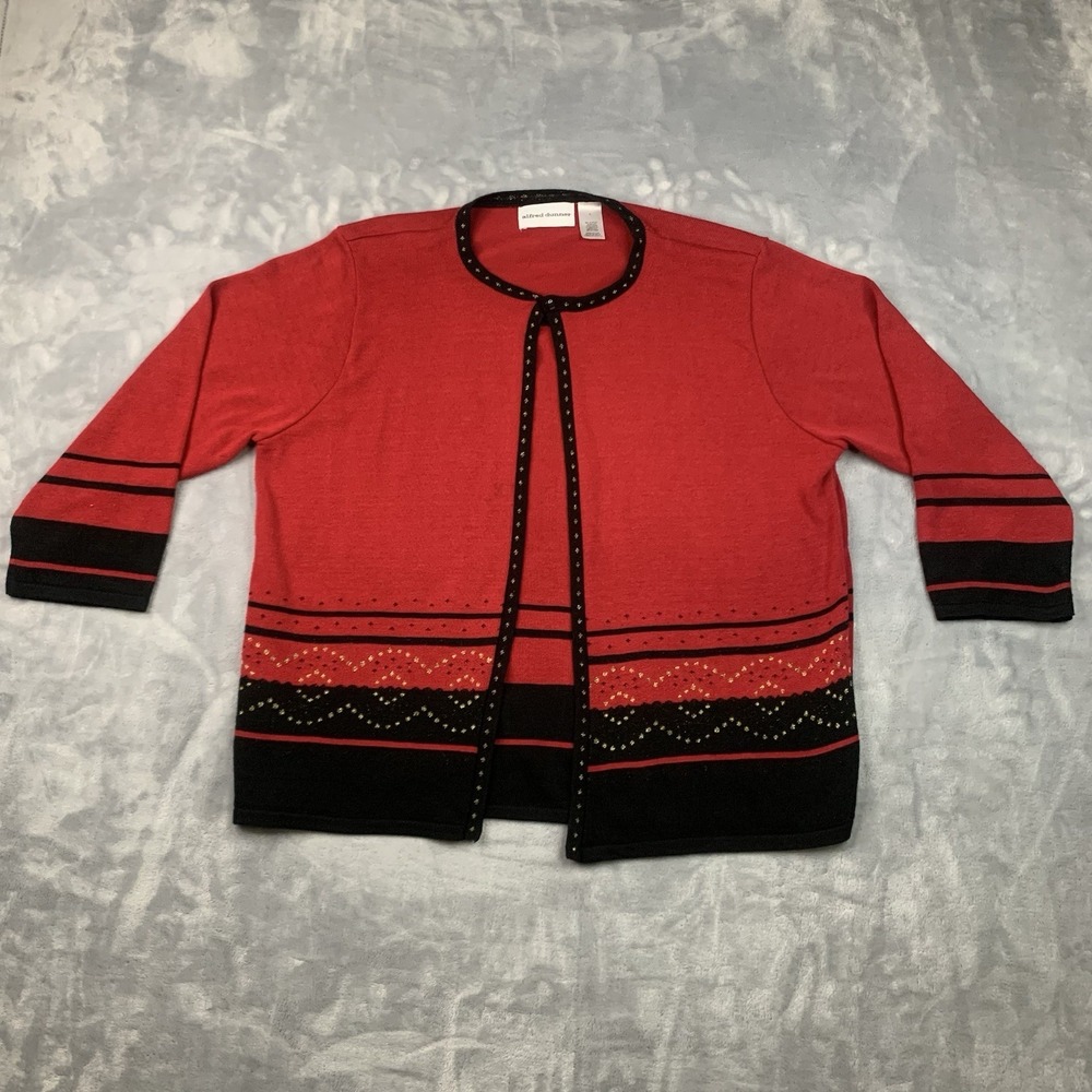 Alfred‎ Dunner Women's Red/Black Overlay 3/4 Sleeve Sweater Top Size Large